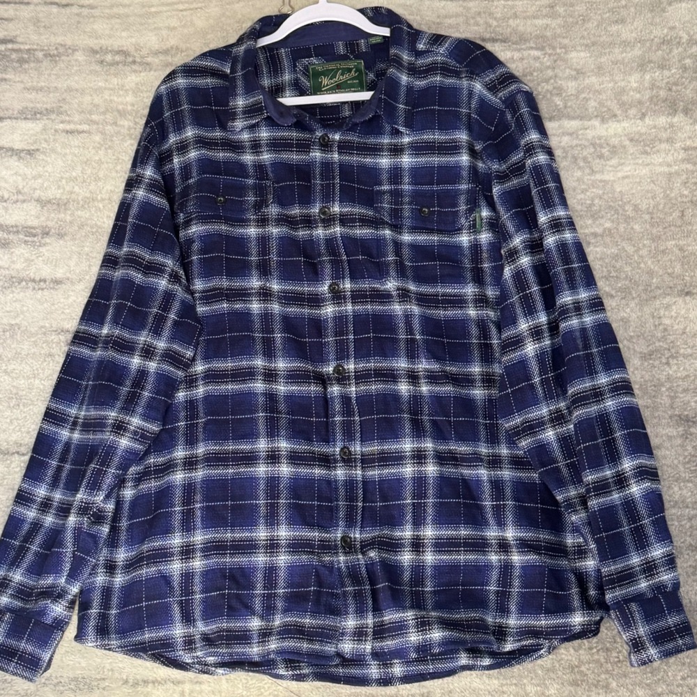 Woolrich Mens XXL Blue White Plaid Flannel Shirt Jacket Heavy Button Up Pockets